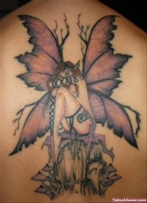Realistic Fairy Tattoo On Upper Back