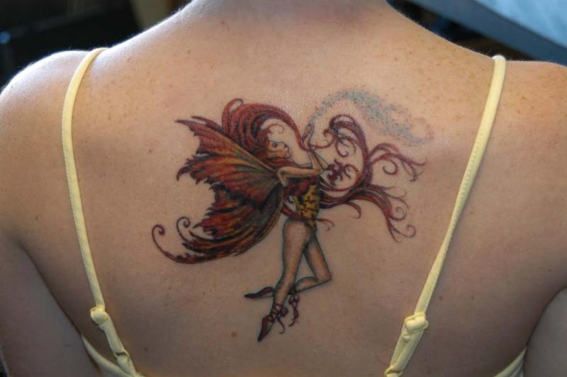 Realistic Flying Fairy Tattoo On Girl Upper Back
