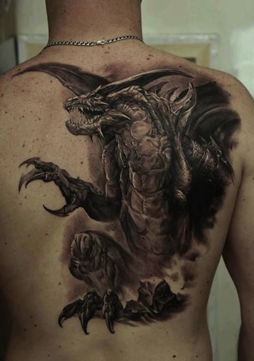 Realistic Grey Dragon Tattoo On Man Back