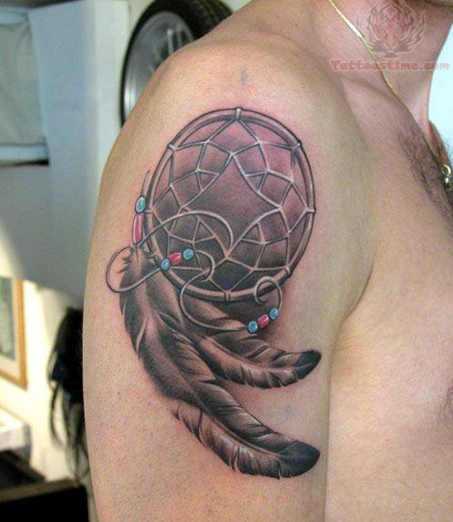 Realistic Grey Ink Dreamcatcher Tattoo On Man Right Shoulder