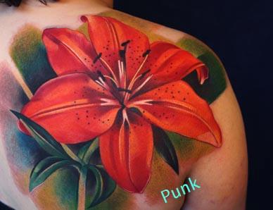Realistic Lily Flower Tattoo On Back Shoulder