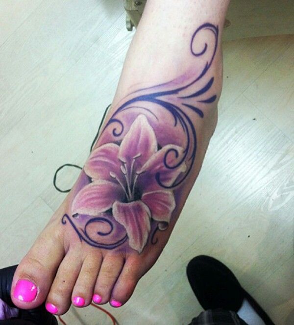 Realistic Lily Flower Tattoo On Girl Left Foot