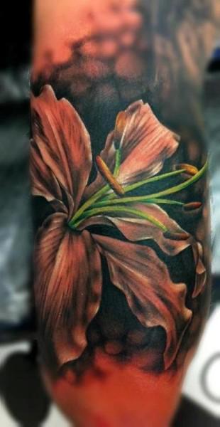 Realistic Lily Flower Tattoo On Sleeve