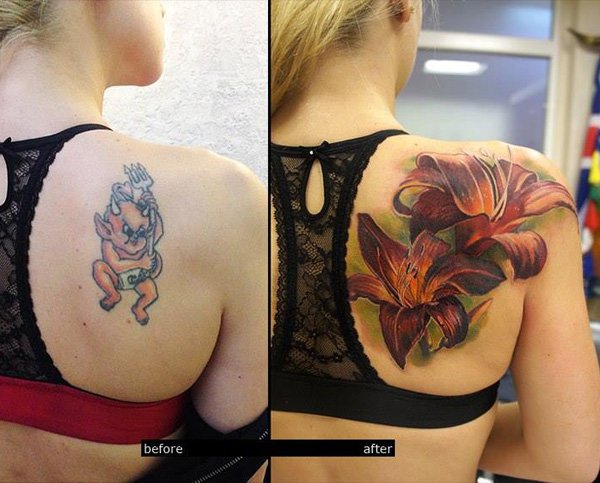 Realistic Lily Flowers Cover Up Tattoo On Girl Right Back Shoulder
