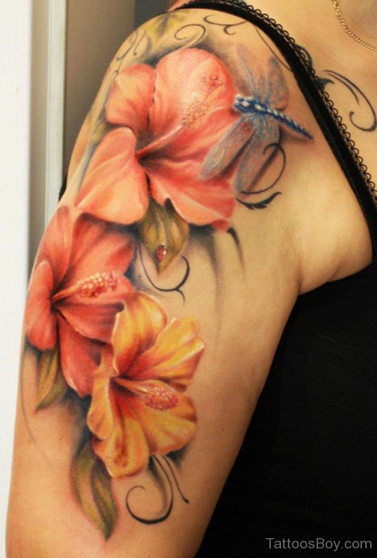 Realistic Lily Flowers With Dragonfly Tattoo On Right Shoulder