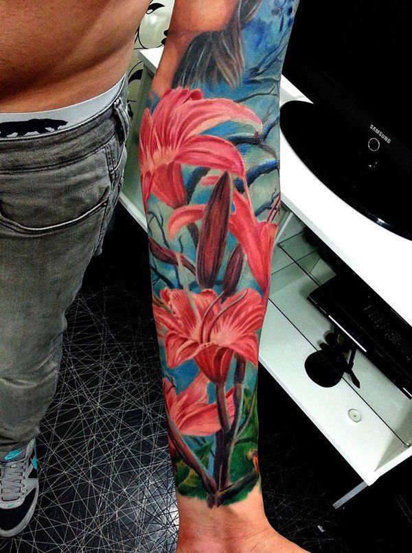 Realistic Lily Tattoos On Left Sleeve For Men