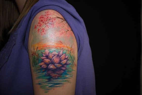 Realistic Lotus Flower In Water Tattoo On Women Left Shoulder