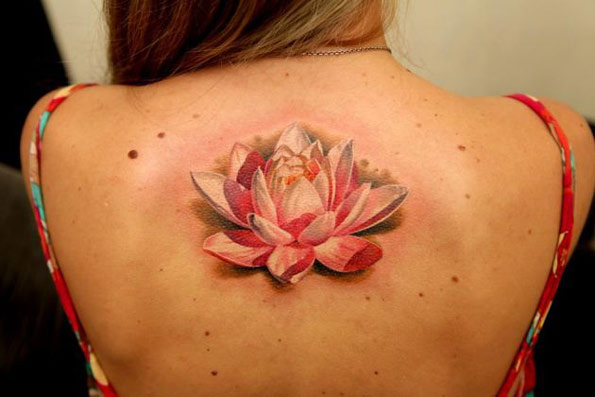 Realistic Lotus Flower Tattoo On Girl Upper Back