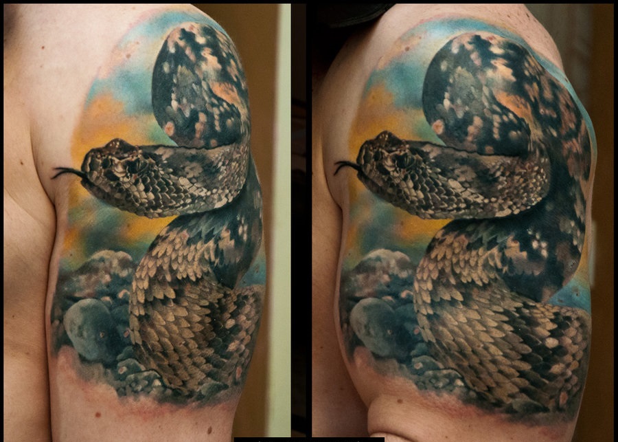 Realistic Rattlesnake Tattoo On Man Left Half Sleeve