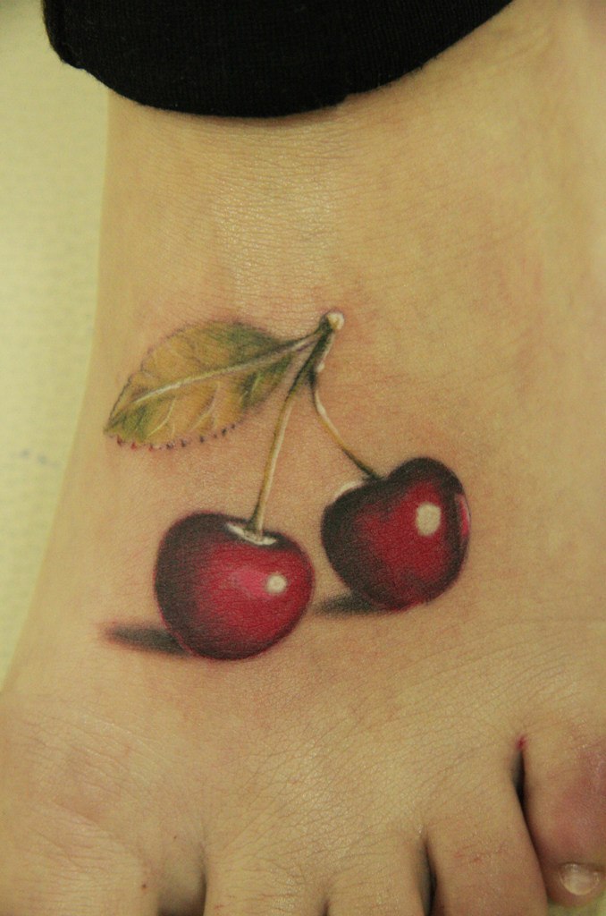 Realistic Red Cherry Tattoos On Left Foot