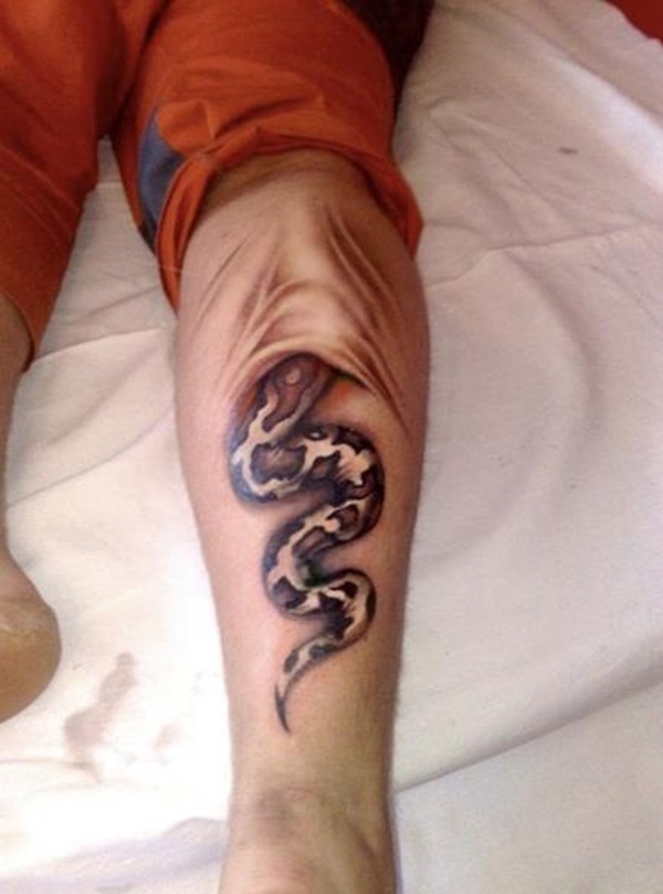 Realistic Ripped Skin Snake Tattoo On Right Leg Calf