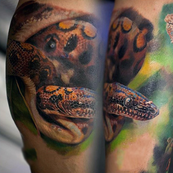 Realistic Snake Tattoo On Leg Calf
