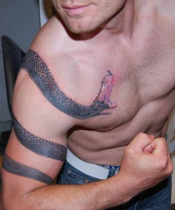 Realistic Snake Tattoo On Man Right Half Sleeve