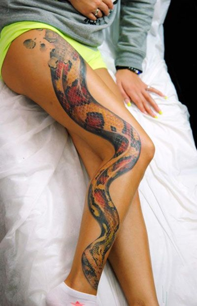 Realistic Snake Tattoo On Right Full Leg