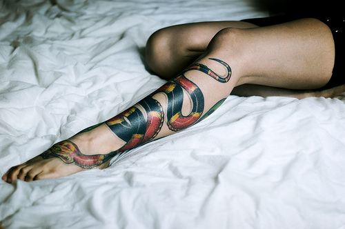 Realistic Snake Tattoo On Right Leg