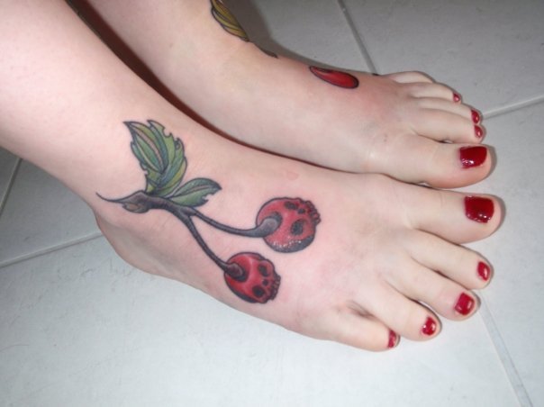 Red Cherry Skull Tattoos On Right Foot