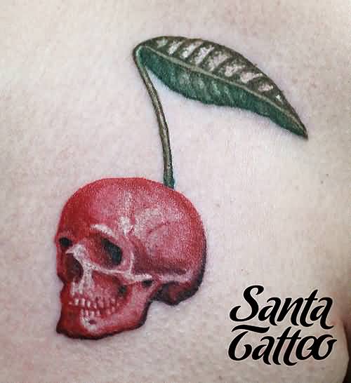 Red Ink Cherry Skull Tattoo Idea