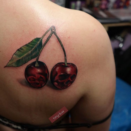 Red Ink Cherry Skull Tattoos On Right Back Shoulder