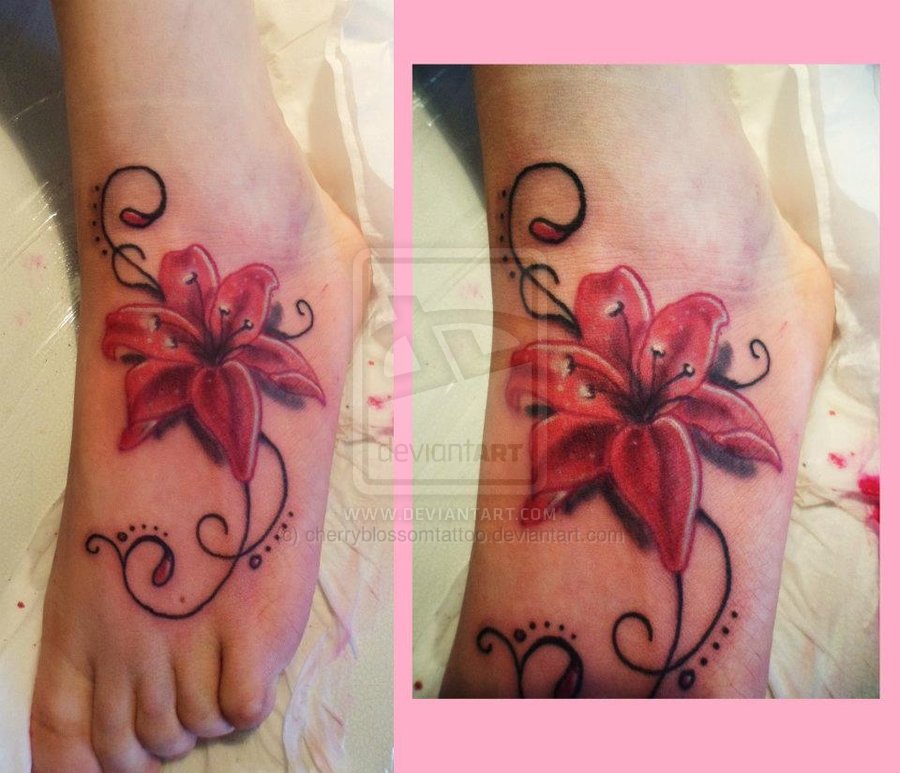 Red Ink Lily Tattoo On Left Foot