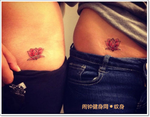 Red Ink Lotus Flower Tattoo On Couple Hip