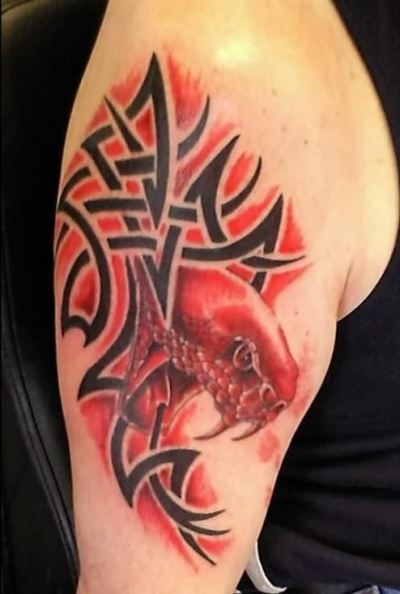 Red Ink Tribal Snake Head Tattoo On Half Sleeve