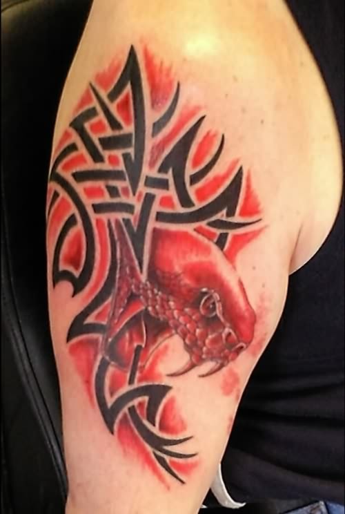 Red Ink Tribal Snake Head Tattoo On Man Left Half Sleeve