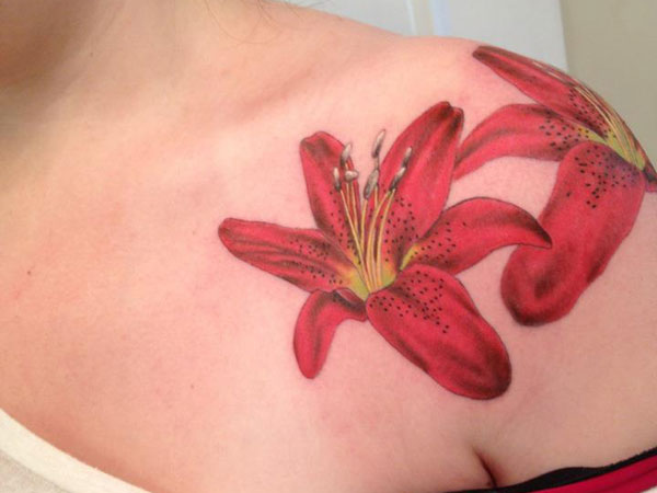 Red Lily Tattoos On Shoulder