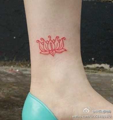 Red Outline Lotus Flower Tattoo On Right Ankle