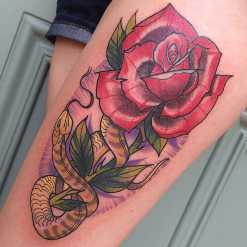 Red Rose With Snake Tattoo On Left Thigh