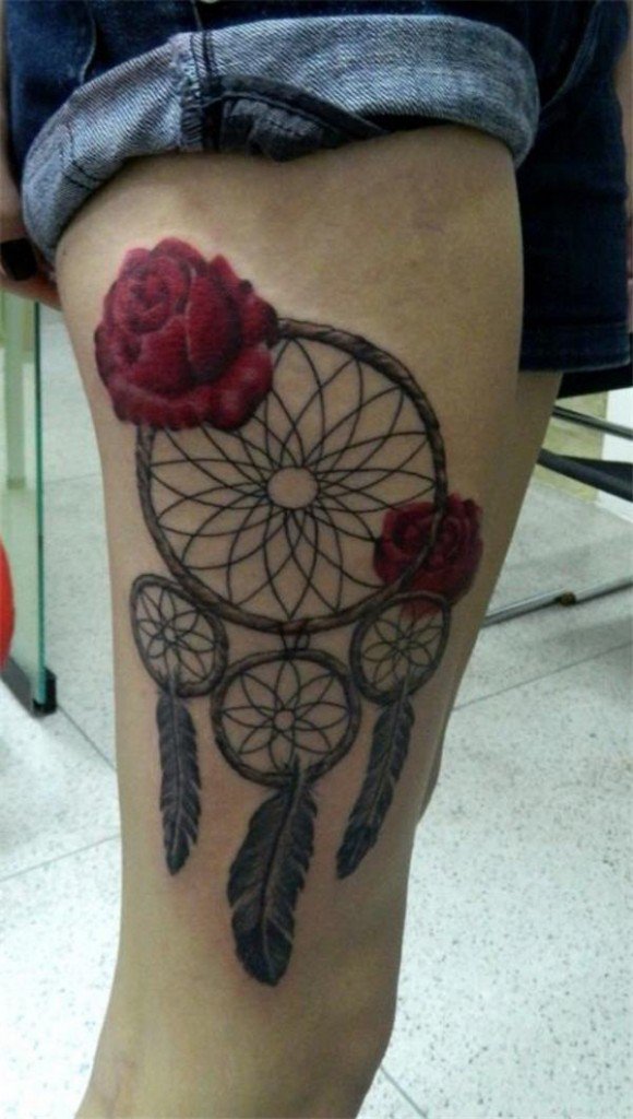 Red Roses And Dreamcatcher Tattoo On Leg
