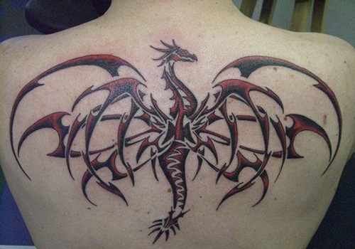 Red Tribal Dragon Tattoo On Upper Back
