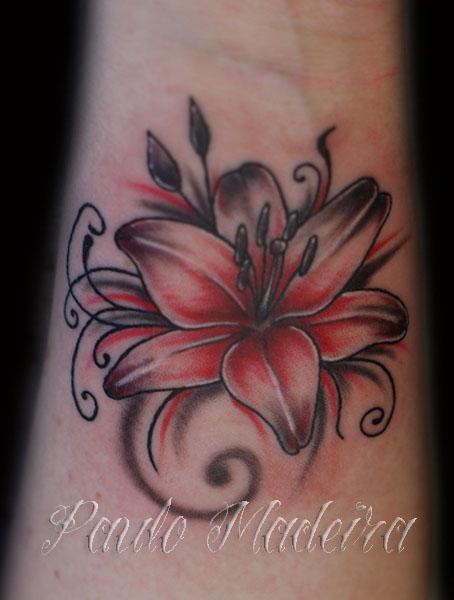 Red With Black And Grey Lily Tattoo Design by Pando Madeira