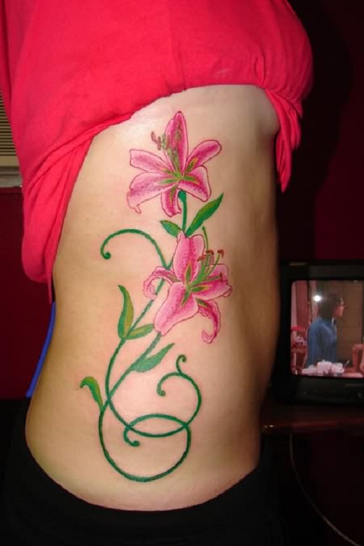Rib Side Pink Tiger Lily Tattoos