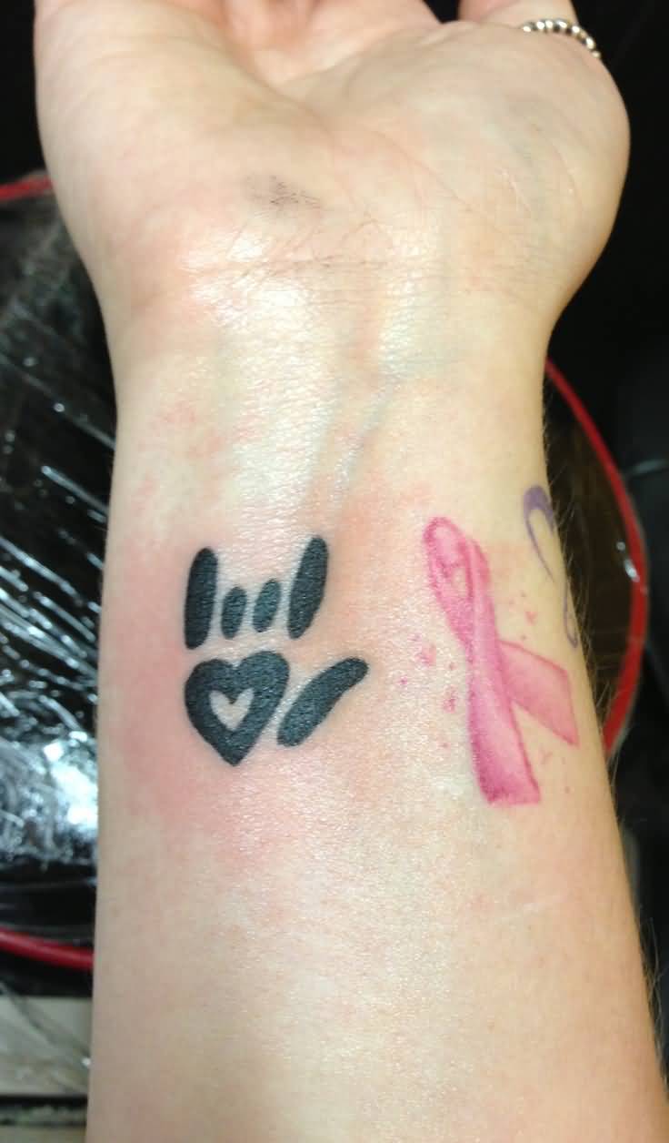 Ribbon Tattoo And I Love You Sign Tattoo On Right Wrist