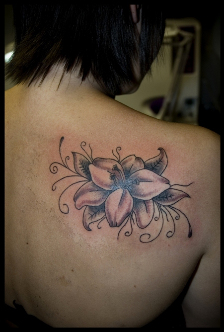 Right Back Shoulder Black And Grey Lily Tattoo For Young Girls