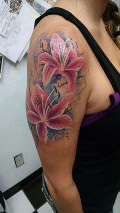 Right Half Sleeve Watercolor Lily Flowers Tattoo