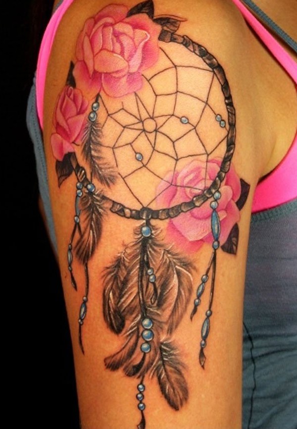 Right Shoulder Pink Roses And Dreamcatcher Tattoo