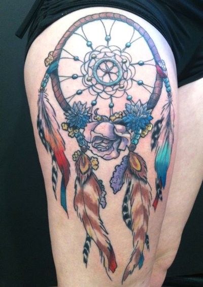 Right Thigh Colorful Dreamcatcher Tattoo