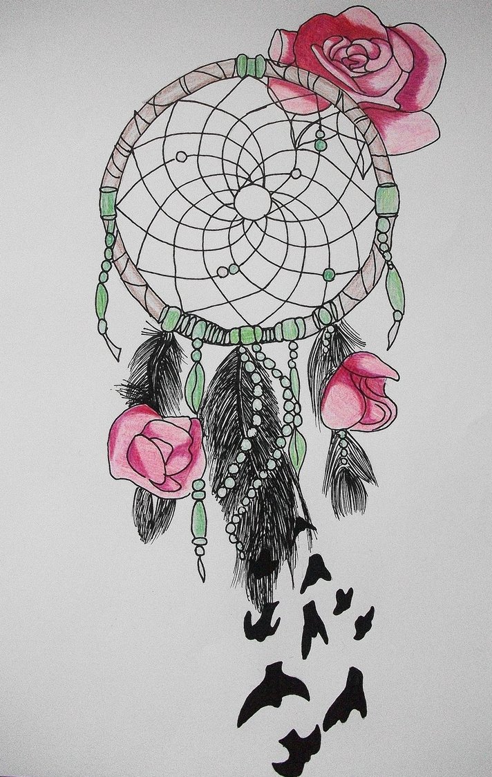 Rose Flowers And Dreamcatcher With Birds Tattoo Design
