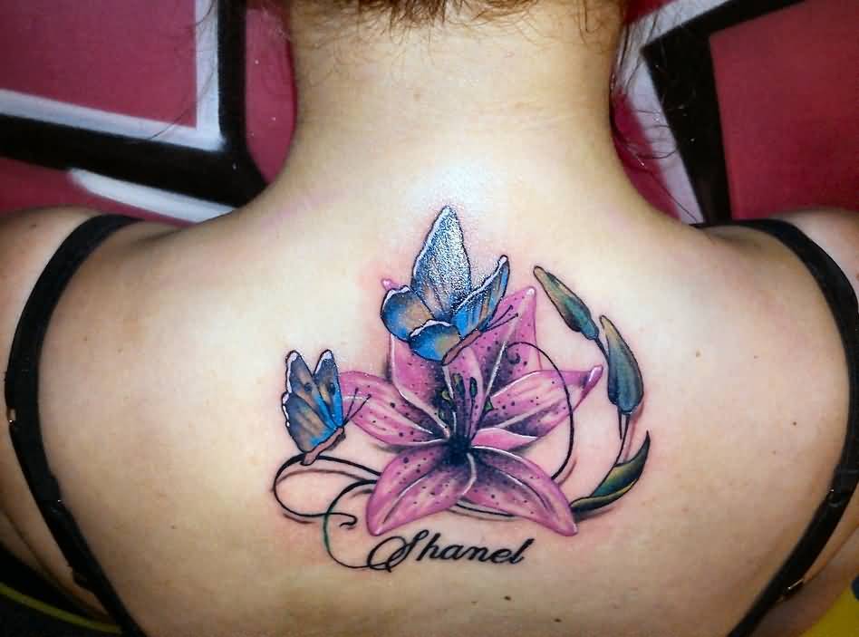 Shanel - Purple Ink Lily Flower With Flying Butterflies Tattoo On Upper Back By Luke Brundish