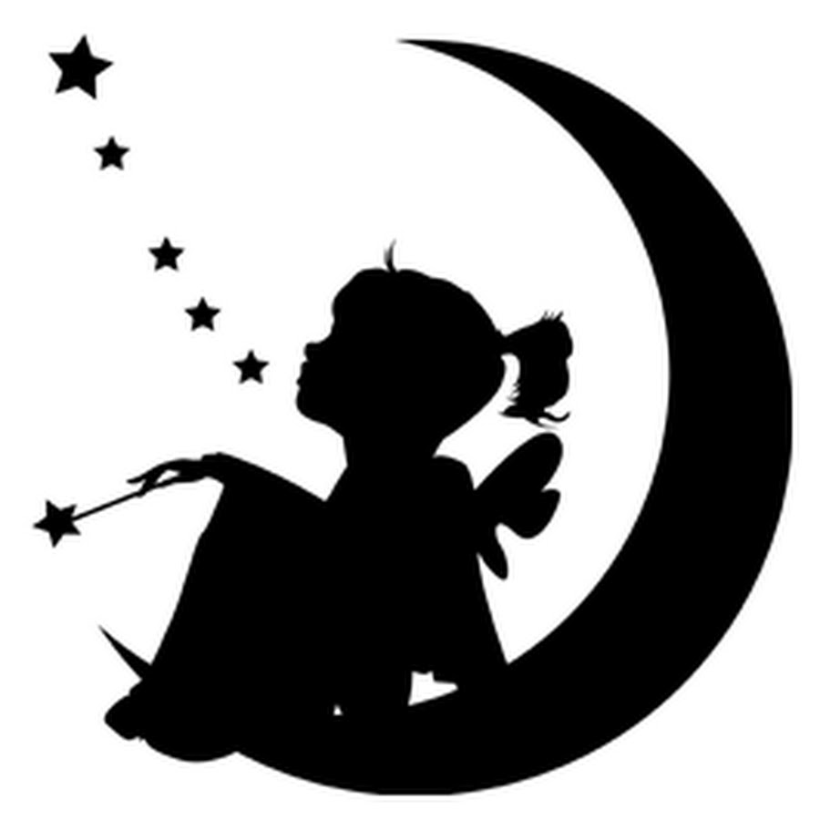 Silhouette Baby Fairy With Magic Stick On Half Moon Tattoo Design