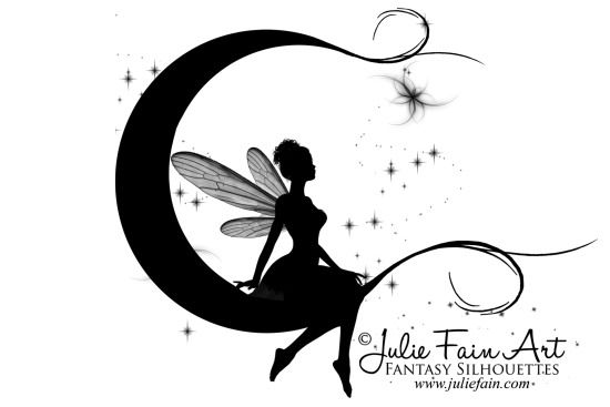 Silhouette Fairy On Half Moon Tattoo Stencil