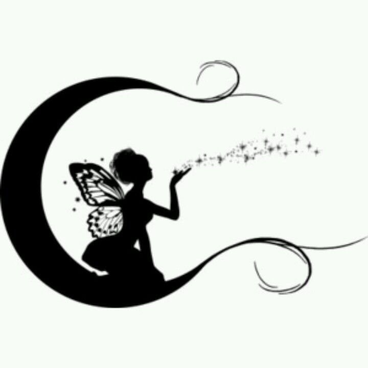 Silhouette Fairy On Half Moon With Stars Tattoo Stencil