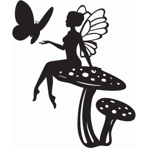 Silhouette Fairy On Mushroom With Flying Butterfly Tattoo Design