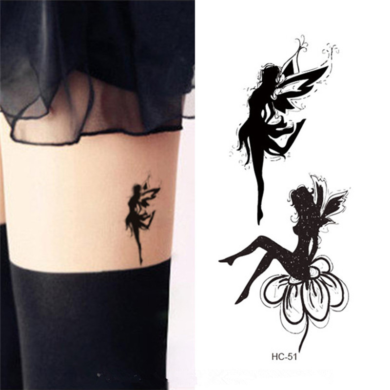 Silhouette Fairy Tattoo On Girl Left Thigh
