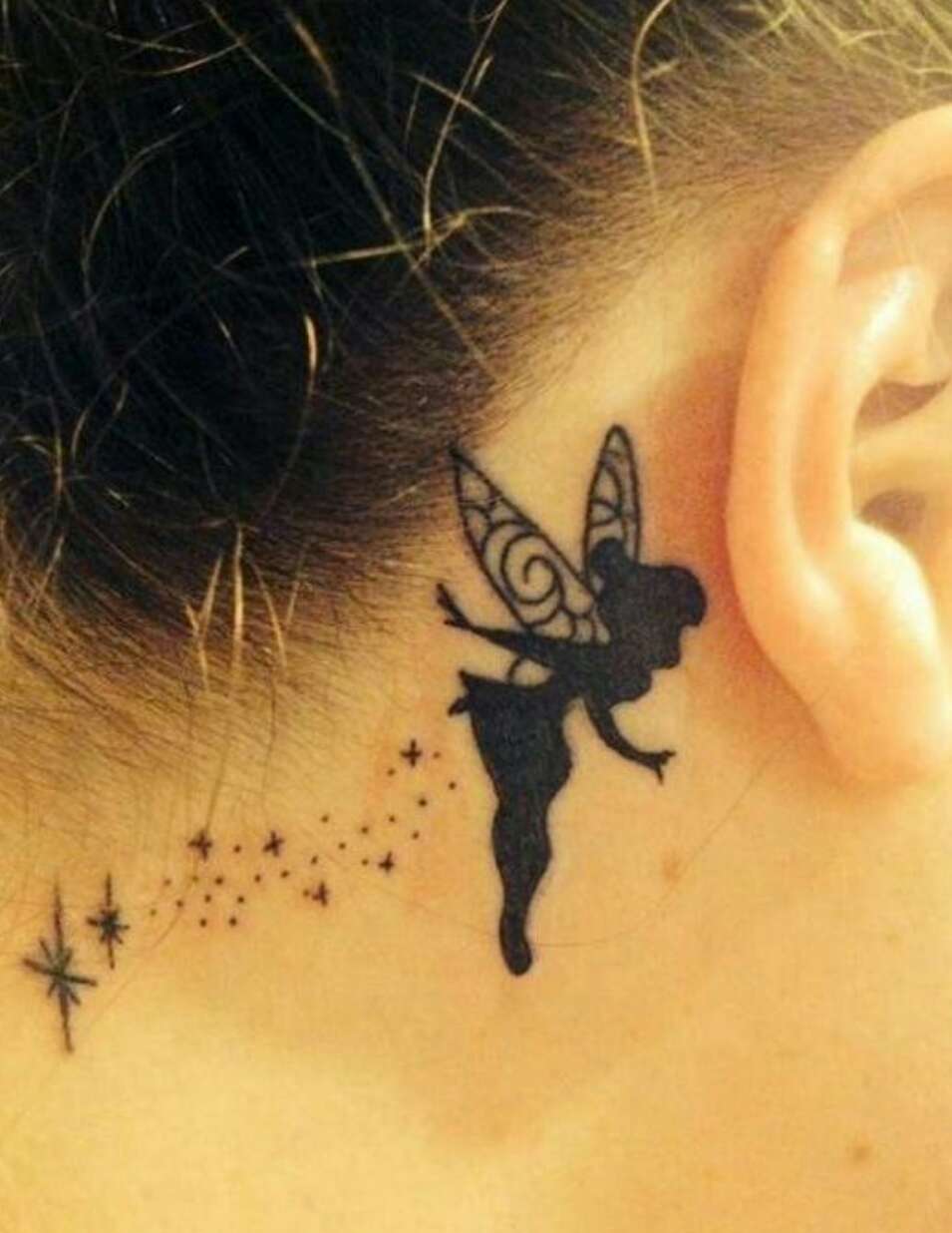 Silhouette Fairy Tattoo On Girl Right Behind The Ear