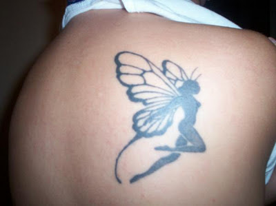 Silhouette Fairy Tattoo On Right Back Shoulder