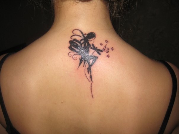 Silhouette Fairy With Dragonfly Tattoo On Upper Back