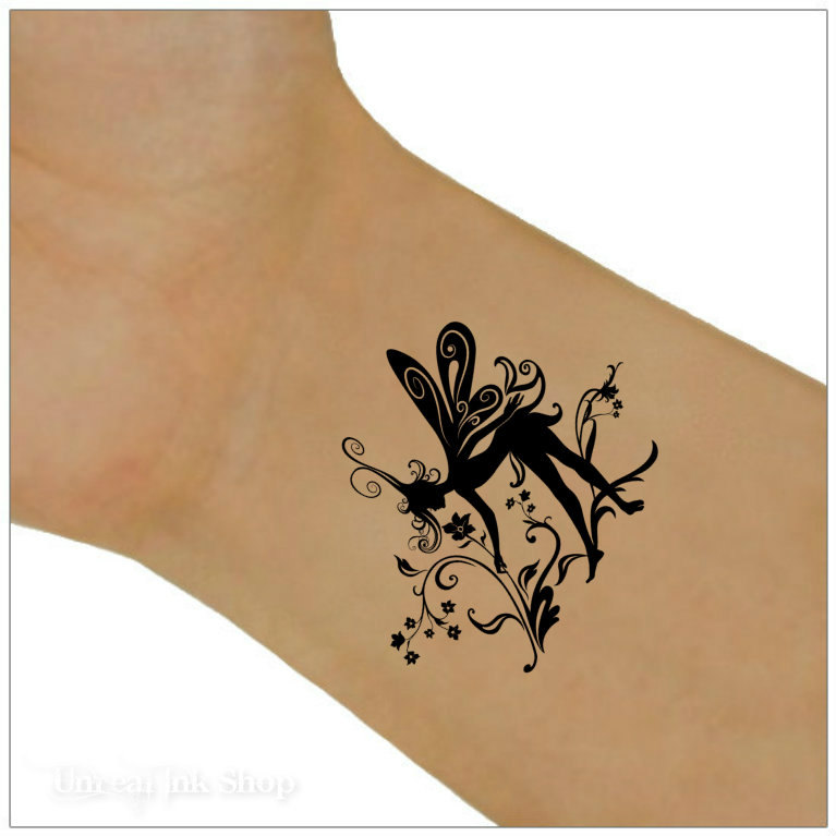 Silhouette Fairy With Flowers Tattoo Design For Wrist