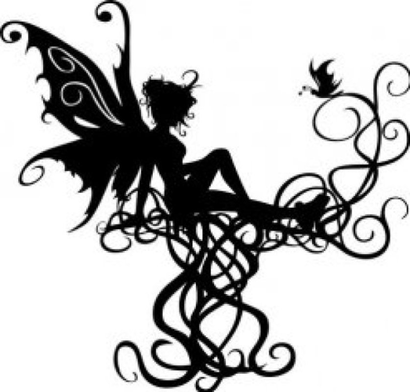 Silhouette Fairy With Flying Bird Tattoo Design